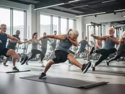 Eine Gruppe von Menschen unterschiedlichen Alters, die in einem modernen Fitnessstudio Bauch- und Beinübungen durchführen. - Foto: über boerse-global.de