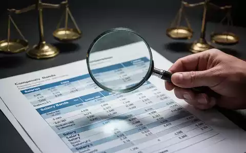 Eine Hand hält eine Lupe über ein Dokument mit Finanzdaten und Gehaltsbändern, im Hintergrund verschwommene Rechtssymbole. - Foto: über boerse-global.de