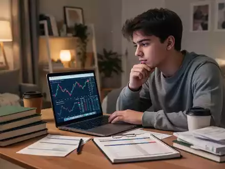 Ein Student blickt nachdenklich auf einen Laptop mit Finanzdiagrammen, umgeben von Lehrbüchern und einem Budgetplaner in einer Studentenwohnung. - Foto: über boerse-global.de
