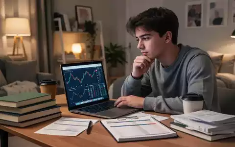 Ein Student blickt nachdenklich auf einen Laptop mit Finanzdiagrammen, umgeben von Lehrbüchern und einem Budgetplaner in einer Studentenwohnung. - Foto: über boerse-global.de
