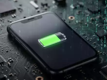 Nahaufnahme eines iPhone-Bildschirms mit niedrigem Batteriesymbol, unscharfe Leiterplatten und digitaler Code im Hintergrund. - Foto: über boerse-global.de