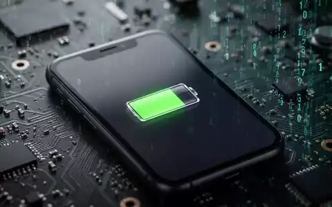 Nahaufnahme eines iPhone-Bildschirms mit niedrigem Batteriesymbol, unscharfe Leiterplatten und digitaler Code im Hintergrund. - Foto: über boerse-global.de