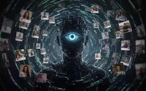 Silhouette aus digitalen Fragmenten und Code, mit glühendem KI-Auge, umgeben von unscharfen Fotokacheln. - Foto: über boerse-global.de