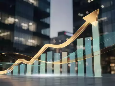 Eine stilisierte Grafik zeigt einen Umsatzanstieg von 42%, überlagert von abstrakten Finanzdaten und modernen Bürogebäuden bei Sonnenuntergang. - Foto: über boerse-global.de