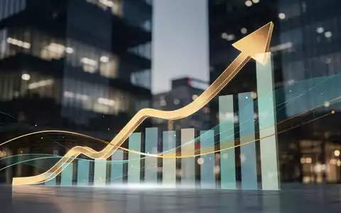 Eine stilisierte Grafik zeigt einen Umsatzanstieg von 42%, überlagert von abstrakten Finanzdaten und modernen Bürogebäuden bei Sonnenuntergang. - Foto: über boerse-global.de
