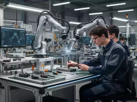 Moderne, modulare Arbeitsplätze in einer Fabrikhalle mit höhenverstellbaren Tischen und einem kollaborativen Roboterarm, der einen Menschen unterstützt. - Foto: über boerse-global.de