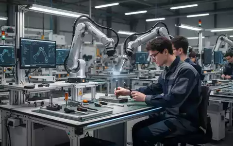 Moderne, modulare Arbeitsplätze in einer Fabrikhalle mit höhenverstellbaren Tischen und einem kollaborativen Roboterarm, der einen Menschen unterstützt. - Foto: über boerse-global.de