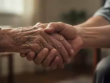 Eine ältere Hand wird sanft von einer jüngeren Hand gehalten, die Fürsorge und emotionale Belastung symbolisiert. - Foto: über boerse-global.de