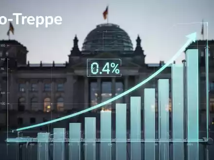 Eine grafische Darstellung eines Heizungssystems oder Energiezählers mit einer Anzeige, die einen steigenden Prozentsatz zeigt, vor einem verschwommenen Parlamentsgebäude. - Foto: über boerse-global.de