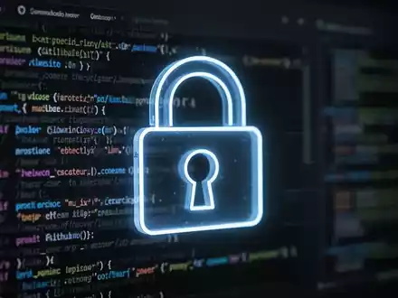 Leuchtendes digitales Vorhängeschloss-Symbol auf unscharfer GitHub-Oberfläche mit Code, symbolisiert Software-Sicherheitsbedrohungen. - Foto: über boerse-global.de
