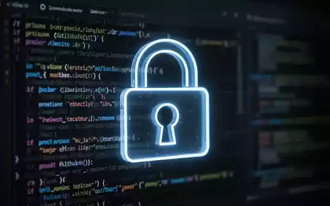Leuchtendes digitales Vorhängeschloss-Symbol auf unscharfer GitHub-Oberfläche mit Code, symbolisiert Software-Sicherheitsbedrohungen. - Foto: über boerse-global.de