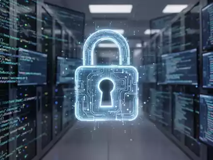 Digitales Schloss-Symbol über verschwommenen Code-Bildschirmen, symbolisiert Datensicherheit in der Softwareentwicklung. - Foto: über boerse-global.de