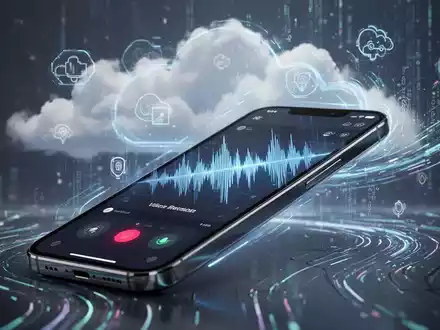 Schlankes Smartphone zeigt Sprachrekorder-App mit animierter Wellenform, subtile Cloud-Computing-Symbole und Datenströme im Hintergrund. - Foto: über boerse-global.de