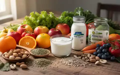 Eine Nahaufnahme einer bunten Auswahl an gesunden Lebensmitteln, darunter frisches Obst, Gemüse und Joghurt, auf einem Holztisch. - Foto: über boerse-global.de