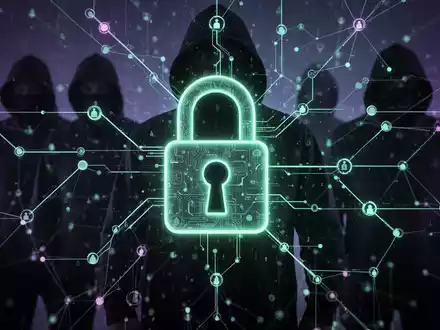Ein digitales Vorhängeschloss-Symbol über einem leuchtenden Blockchain-Netzwerk, mit schemenhaften Figuren im Hintergrund, die Cyberkriminalität symbolisieren. - Foto: über boerse-global.de