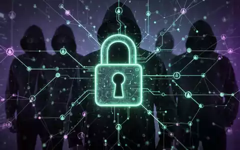 Ein digitales Vorhängeschloss-Symbol über einem leuchtenden Blockchain-Netzwerk, mit schemenhaften Figuren im Hintergrund, die Cyberkriminalität symbolisieren. - Foto: über boerse-global.de