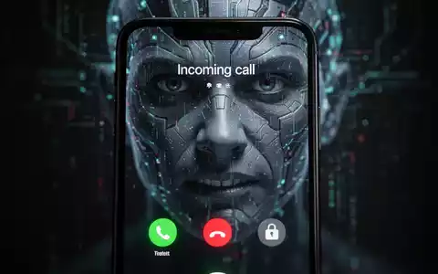 Nahaufnahme eines Smartphone-Bildschirms mit einem eingehenden Anruf, im Hintergrund verschwommen eine bedrohliche digitale KI-Visualisierung. - Foto: über boerse-global.de