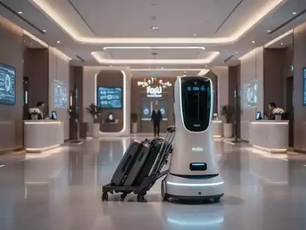 Eleganter, moderner Hotelroboter transportiert Gepäck durch futuristische Hotellobby, Symbol für Automatisierung im Gastgewerbe. - Foto: über boerse-global.de