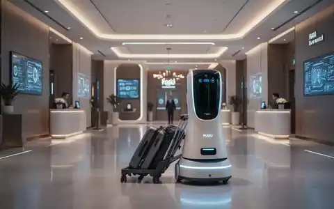 Eleganter, moderner Hotelroboter transportiert Gepäck durch futuristische Hotellobby, Symbol für Automatisierung im Gastgewerbe. - Foto: über boerse-global.de