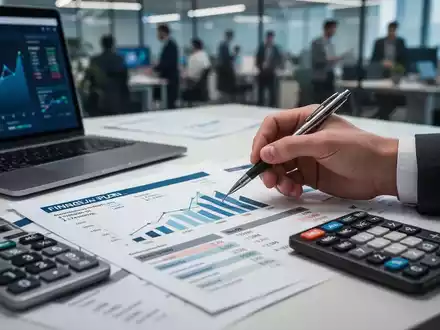 Ein Finanzplan-Dokument mit Diagrammen und Zahlen, teilweise von einer Hand mit Stift verdeckt, auf einem Schreibtisch mit Laptop. - Foto: über boerse-global.de