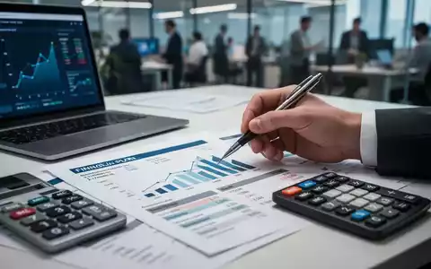 Ein Finanzplan-Dokument mit Diagrammen und Zahlen, teilweise von einer Hand mit Stift verdeckt, auf einem Schreibtisch mit Laptop. - Foto: über boerse-global.de