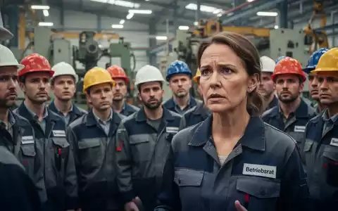 Betriebsratsvorsitzende spricht vor besorgten VW-Mitarbeitern in einer Fabrikhalle, mit Maschinen im Hintergrund. - Foto: über boerse-global.de