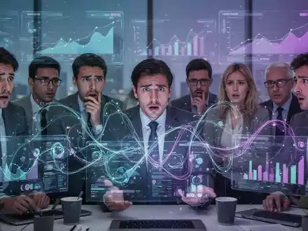 Eine Gruppe von Büroangestellten blickt verwirrt auf komplexe digitale Bildschirme, die die Herausforderungen im Workforce Management symbolisieren. - Foto: über boerse-global.de