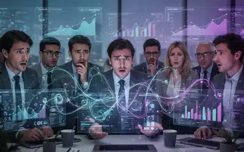 Eine Gruppe von Büroangestellten blickt verwirrt auf komplexe digitale Bildschirme, die die Herausforderungen im Workforce Management symbolisieren. - Foto: über boerse-global.de