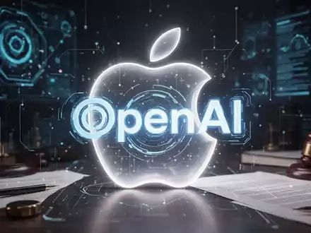 Ein stilisiertes, leuchtendes Apple-Logo, teilweise verdeckt von einer digitalen Darstellung des OpenAI-Logos, deutet auf einen Rechtsstreit hin. - Foto: über boerse-global.de