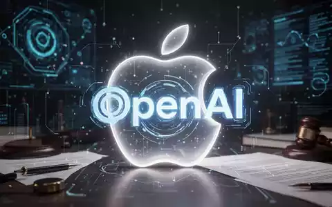Ein stilisiertes, leuchtendes Apple-Logo, teilweise verdeckt von einer digitalen Darstellung des OpenAI-Logos, deutet auf einen Rechtsstreit hin. - Foto: über boerse-global.de