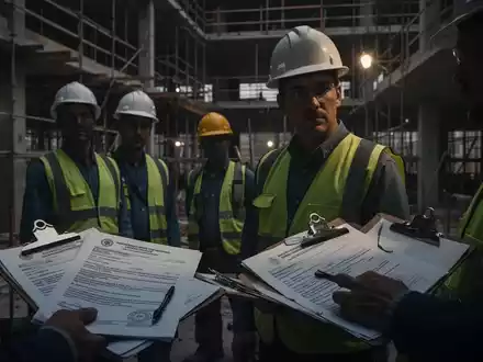 Bauarbeiter auf einer Baustelle, im Vordergrund Dokumente und Klemmbretter, die auf Kontrollen und rechtliche Verfahren hindeuten. - Foto: über boerse-global.de