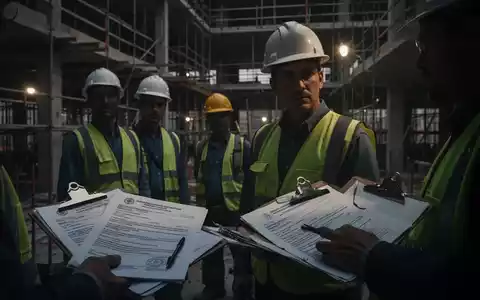Bauarbeiter auf einer Baustelle, im Vordergrund Dokumente und Klemmbretter, die auf Kontrollen und rechtliche Verfahren hindeuten. - Foto: über boerse-global.de