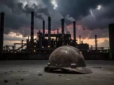 Eine industrielle Landschaft mit einer Fabrik im Gegenlicht und einem einsamen Bauhelm im Vordergrund, der wirtschaftliche Schwierigkeiten symbolisiert. - Foto: über boerse-global.de