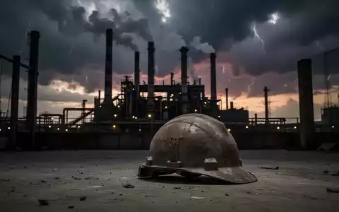 Eine industrielle Landschaft mit einer Fabrik im Gegenlicht und einem einsamen Bauhelm im Vordergrund, der wirtschaftliche Schwierigkeiten symbolisiert. - Foto: über boerse-global.de