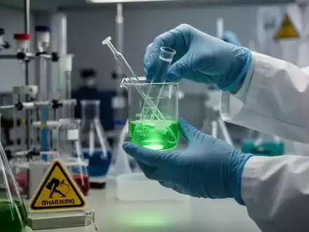 Nahaufnahme von behandschuhten Händen, die in einem Labor vorsichtig ein Becherglas mit grüner Flüssigkeit handhaben, umgeben von wissenschaftlichen Geräten. - Foto: über boerse-global.de