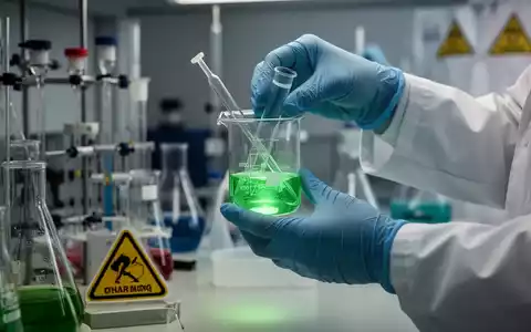 Nahaufnahme von behandschuhten Händen, die in einem Labor vorsichtig ein Becherglas mit grüner Flüssigkeit handhaben, umgeben von wissenschaftlichen Geräten. - Foto: über boerse-global.de