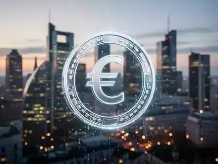Glühendes digitales Euro-Symbol vor verschwommener europäischer Skyline in der Dämmerung, Symbol für digitales Finanzwesen. - Foto: über boerse-global.de
