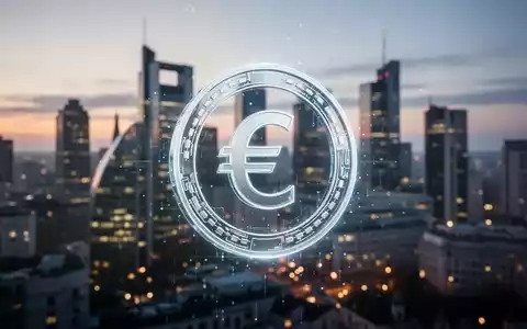 Glühendes digitales Euro-Symbol vor verschwommener europäischer Skyline in der Dämmerung, Symbol für digitales Finanzwesen. - Foto: über boerse-global.de