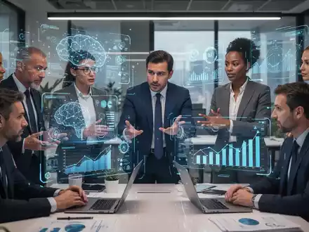 Geschäftsleute in einem modernen Büro, die mit holografischen KI-Schnittstellen interagieren und strategische Entscheidungen treffen. - Foto: über boerse-global.de