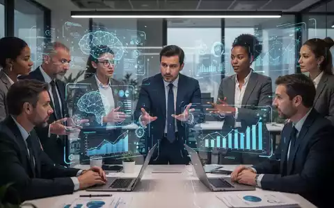 Geschäftsleute in einem modernen Büro, die mit holografischen KI-Schnittstellen interagieren und strategische Entscheidungen treffen. - Foto: über boerse-global.de