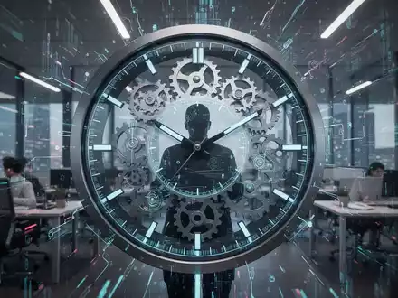 Eine stilisierte Uhr mit Zahnrädern und digitalen Elementen, die in einer abstrakten Büroumgebung eine arbeitende Silhouette reflektiert. - Foto: über boerse-global.de