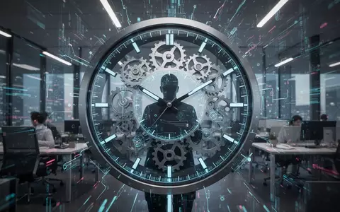 Eine stilisierte Uhr mit Zahnrädern und digitalen Elementen, die in einer abstrakten Büroumgebung eine arbeitende Silhouette reflektiert. - Foto: über boerse-global.de