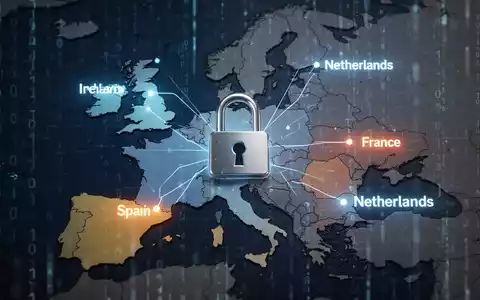 Ein stilisiertes digitales Vorhängeschloss über einer Europakarte, die Irland, Spanien, Frankreich und die Niederlande hervorhebt, um Cybersicherheit und rechtliche Schritte darzustellen. - Foto: über boerse-global.de