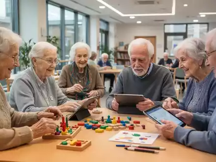 Senioren nehmen an einer Gedächtnistrainingsaktivität in einem Gemeinschaftszentrum teil, mit Fokus auf Interaktion. - Foto: über boerse-global.de