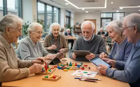 Senioren nehmen an einer Gedächtnistrainingsaktivität in einem Gemeinschaftszentrum teil, mit Fokus auf Interaktion. - Foto: über boerse-global.de