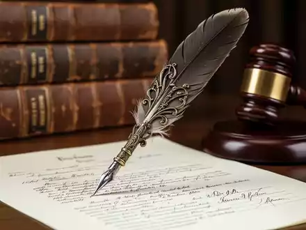 Eine antike Feder liegt auf einem juristischen Dokument, im Hintergrund unscharf alte Rechtsbücher und ein Holzhammer. Symbolisiert Nachlassregelung und Recht. - Foto: über boerse-global.de