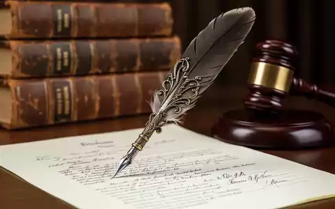 Eine antike Feder liegt auf einem juristischen Dokument, im Hintergrund unscharf alte Rechtsbücher und ein Holzhammer. Symbolisiert Nachlassregelung und Recht. - Foto: über boerse-global.de