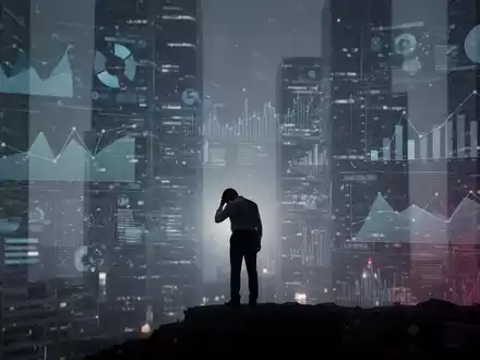 Eine einzelne, stilisierte Person, die erschöpft und überfordert vor einem verschwommenen Hintergrund aus Daten und Geschäftsgrafiken steht. - Foto: über boerse-global.de