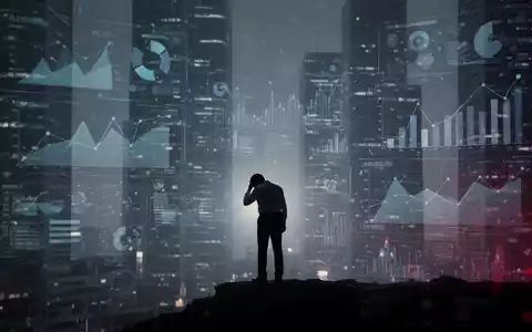 Eine einzelne, stilisierte Person, die erschöpft und überfordert vor einem verschwommenen Hintergrund aus Daten und Geschäftsgrafiken steht. - Foto: über boerse-global.de