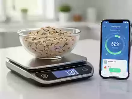 Eine Küchenwaage mit Haferflocken und ein Smartphone mit einer Fasten-App in einer modernen Küche, das Gesundheit und Technologie verbindet. - Foto: über boerse-global.de